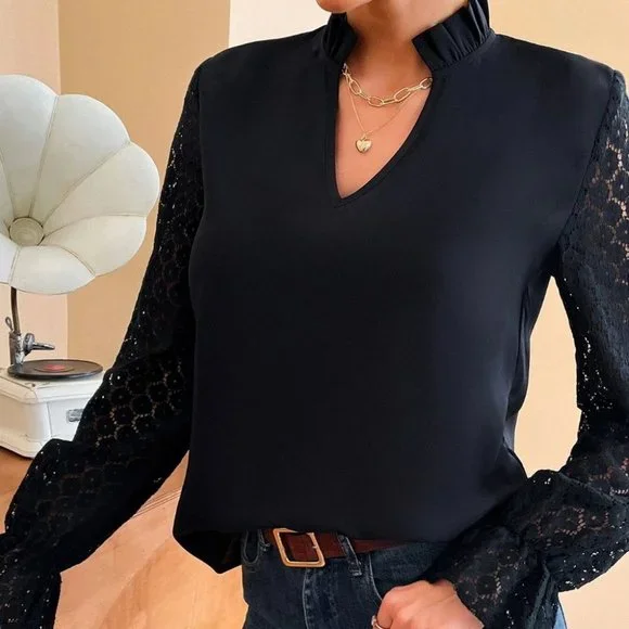 Black Elegant Womens Contrast Lace Flounce Sleeve Frilled Neck Blouse - Picture 3 of 4